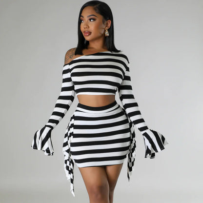 Women Fashion Casual Stripe Boat Neck Long Sleeve Crop Top Skirt Set