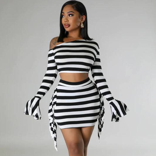Women Fashion Casual Stripe Boat Neck Long Sleeve Crop Top Skirt Set