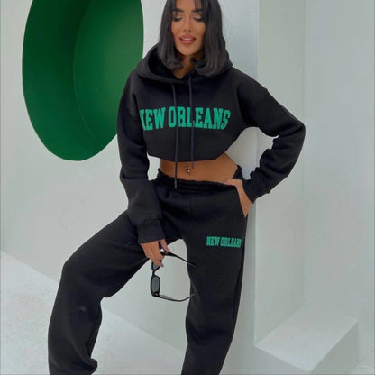 Conjunto deportivo informal de moda para mujer, con capucha y pantalones de chándal, estampado de letras y nombre de ciudad y bolsillo