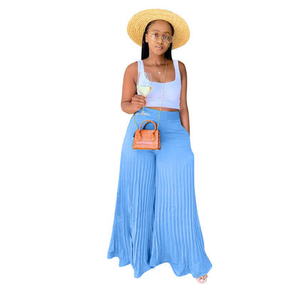 Women Fashion Casual Solid Color Pleated Wide Leg Pants