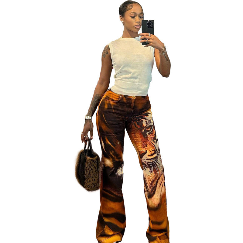Pantalones microacampanados con estampado de tigre para mujer
