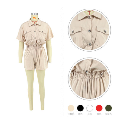 Women Summer Casual Style Single Breasted Buckle Pocket Short Sleeve Solid Cargo Rompers