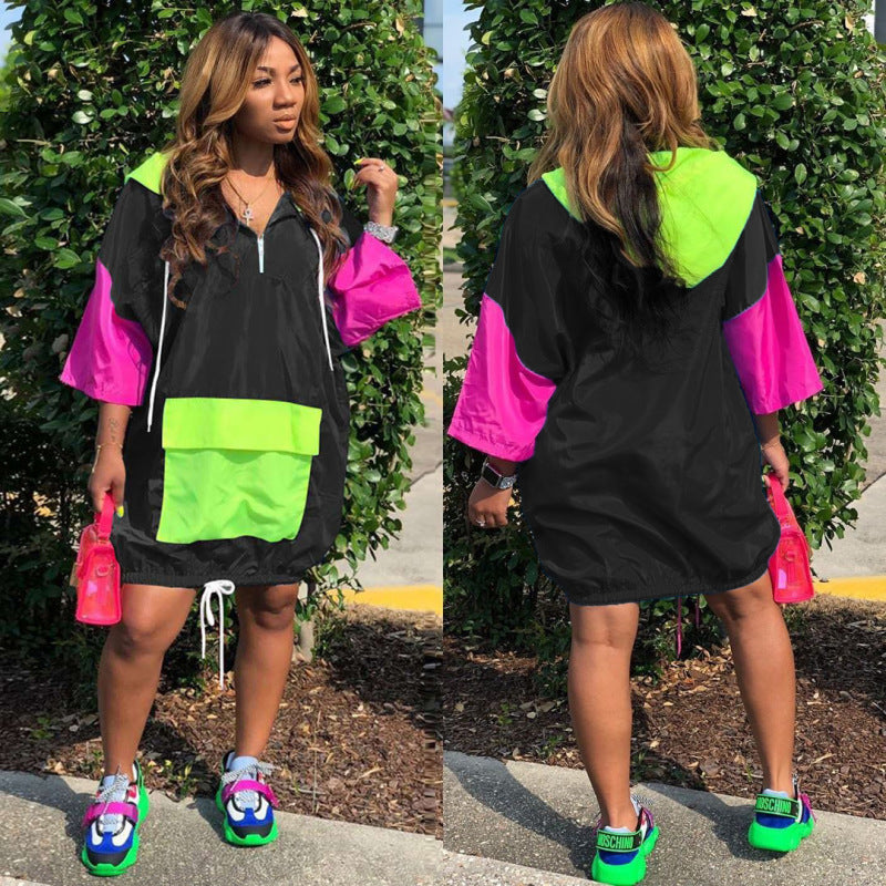 Casual Women Color Blocking Loose Pocket Hooded Dress