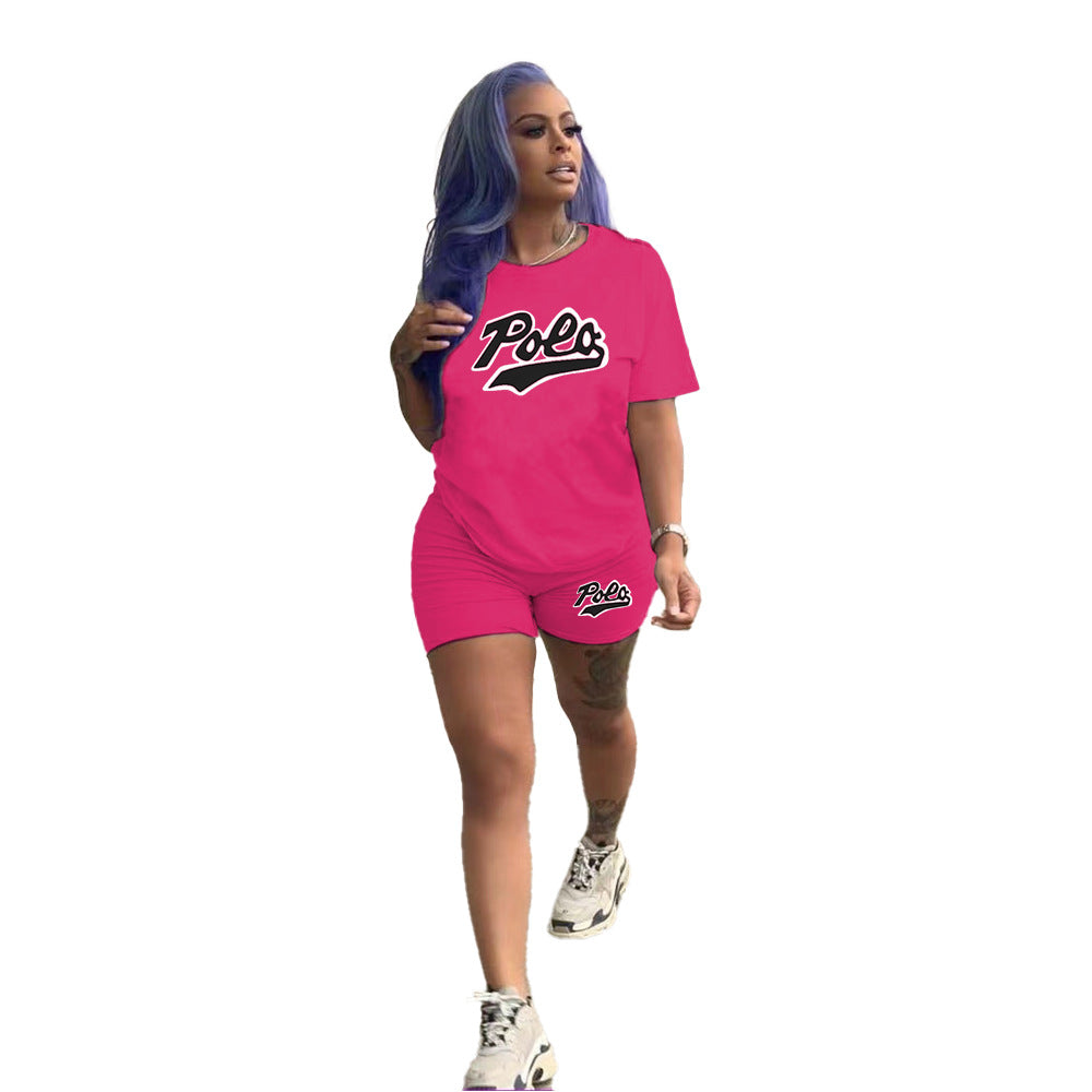 Conjunto de 2 piezas de pantalones cortos ajustados de manga corta con cuello redondo y estampado de letras de color sólido para mujer