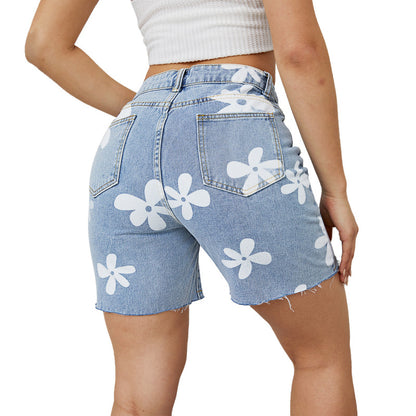 Women Fashion Casual Floral Printing Denim Shorts