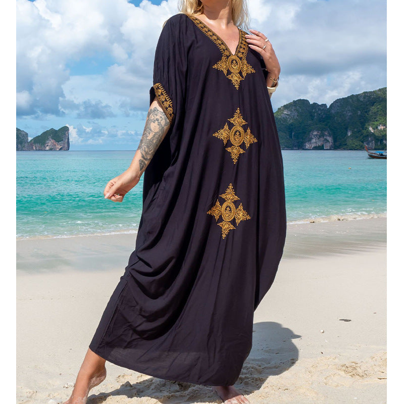Traje de baño informal de moda para mujer, para vacaciones en la playa, con escote en V y bordado dorado