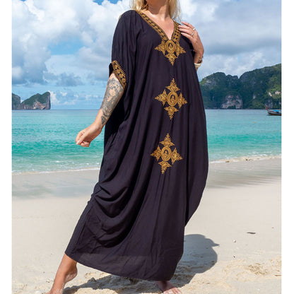 Traje de baño informal de moda para mujer, para vacaciones en la playa, con escote en V y bordado dorado