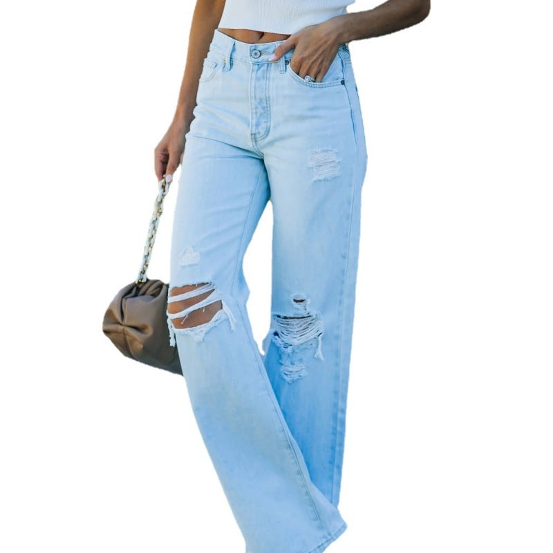 Vaqueros rectos rotos, elegantes e informales, a la moda para mujer