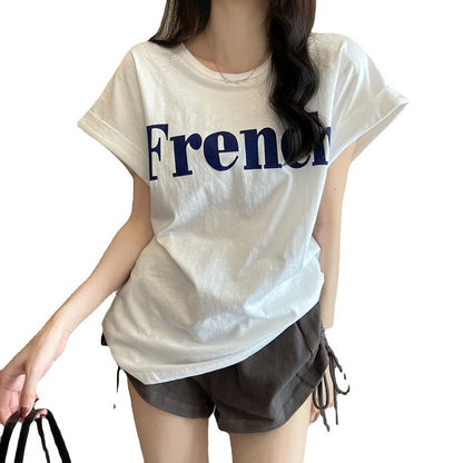 Camiseta informal de manga corta con cuello redondo y estampado del alfabeto para mujer