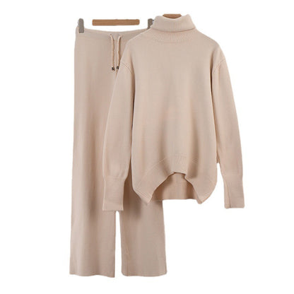 Suéter de punto de cuello alto de color liso para mujer, conjunto de dos piezas con pantalones anchos informales para otoño e invierno