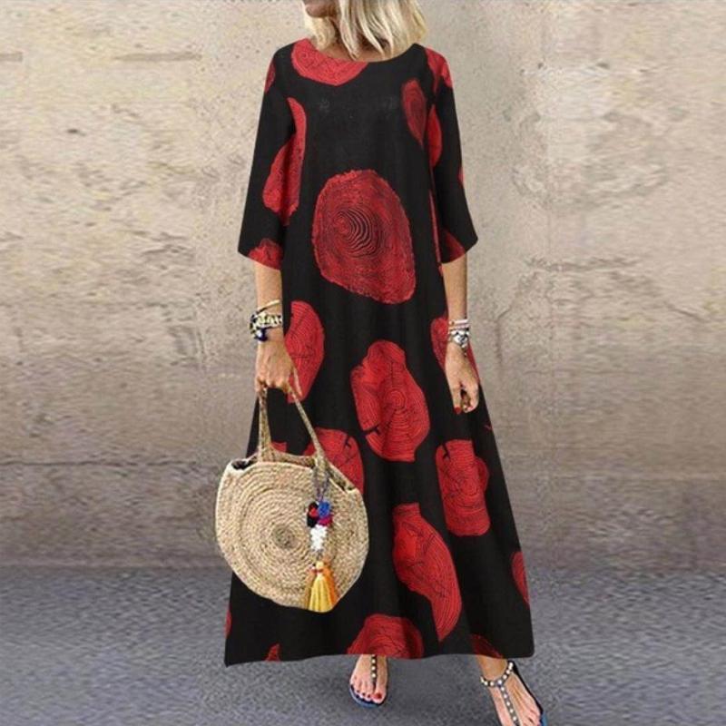 Women Casual Vintage Half Sleeve Round Neck Loose Maxi Dress