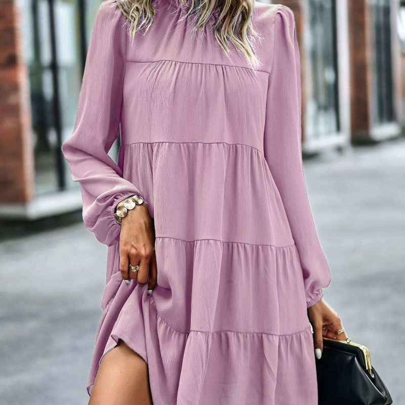 Women Casual Solid Color Stitching Round Neck Loose Long Sleeve Dress
