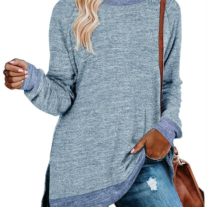 Camiseta informal de manga larga con cuello redondo y abertura en color para mujer
