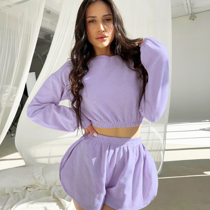 Conjunto de dos piezas formado por top y pantalón corto, manga larga, informal, tejido, sexy, a la moda para mujer