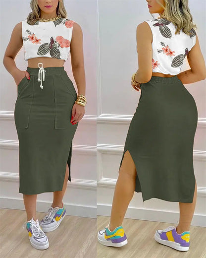 Women Fashion Casual Sleeveless Crop Tank Top And Side-slit Bodycon Skirt Set