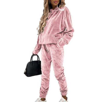 Conjunto de dos piezas informal holgado con capucha y pantalones de manga larga de color liso para mujer