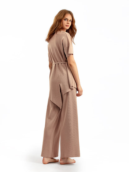Conjunto de dos piezas de pantalón ancho y top irregular de color liso informal a la moda para mujer