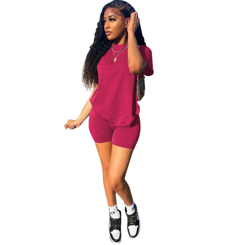 Conjunto deportivo informal de dos piezas para mujer, de color liso, con top y pantalones cortos de manga corta