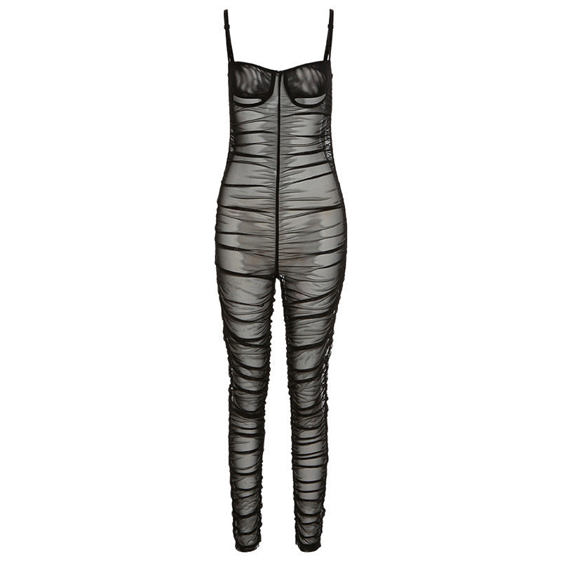 Women Mesh Suspenders Pleated Slim Fit Casual Jumpsuit