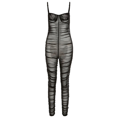 Women Mesh Suspenders Pleated Slim Fit Casual Jumpsuit