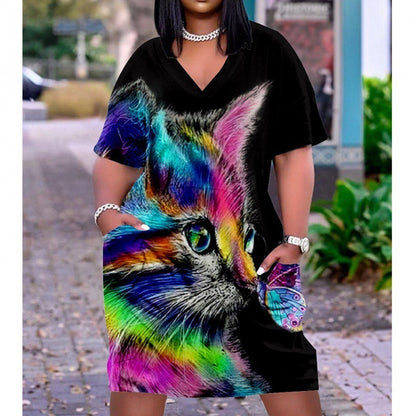 Vestido informal holgado multicolor con cuello en V, manga corta y largo medio para mujer