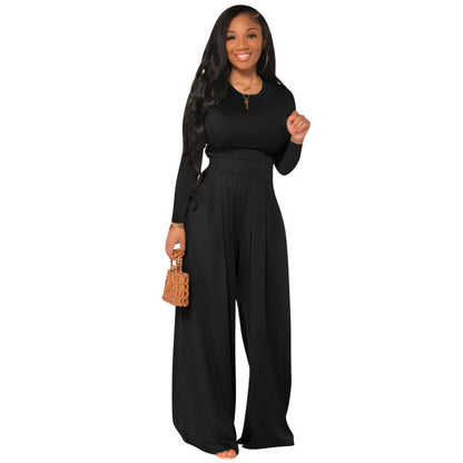 Conjunto de dos piezas de top de manga larga y pierna ancha informal de color liso para mujer