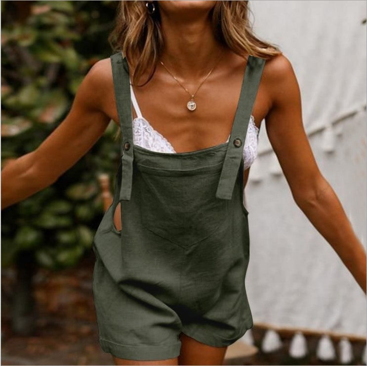 Women One-Piece Strap Solid Color Button Casual Rompers