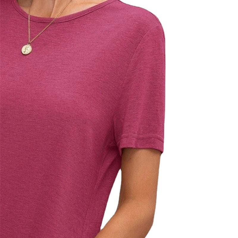 Summer Women Basic Casual Short Sleeve Solid Color Side-slit Dress