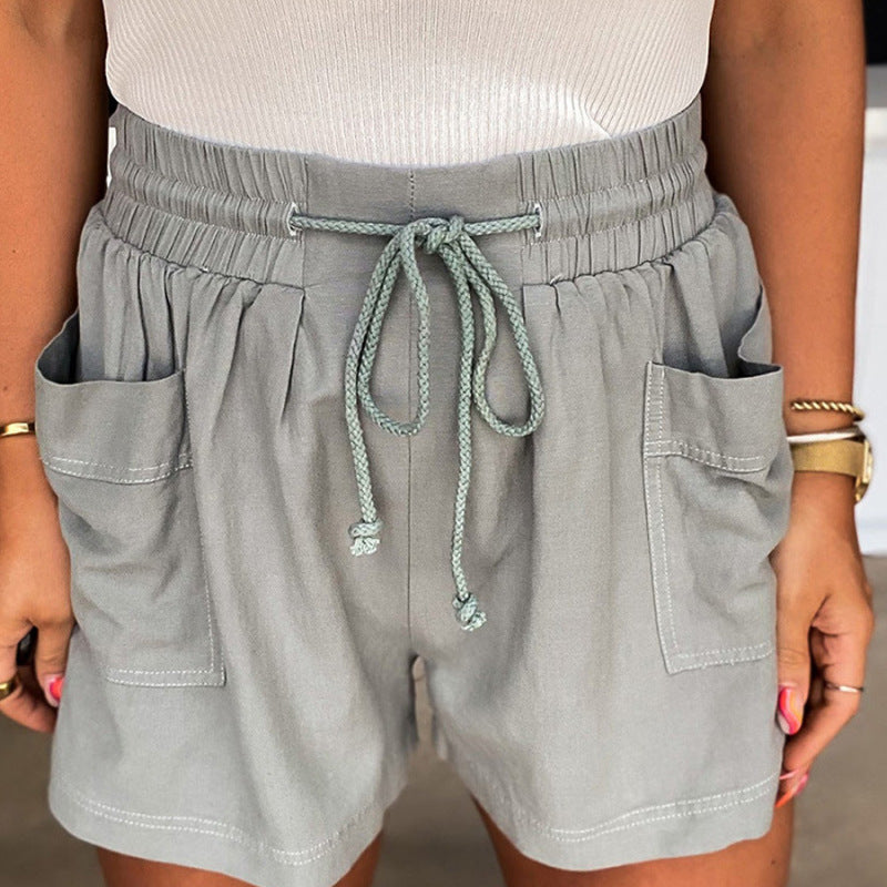 Women Casual Solid Color Cotton High Waist Drawstring Slim Shorts
