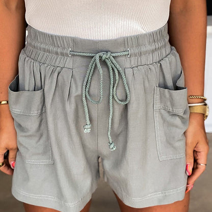 Women Casual Solid Color Cotton High Waist Drawstring Slim Shorts