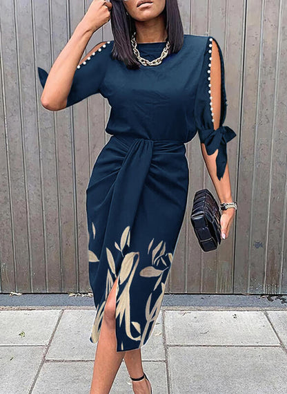 Vestido elegante de mujer con cintura alta, informal, con aberturas laterales y hombros descubiertos