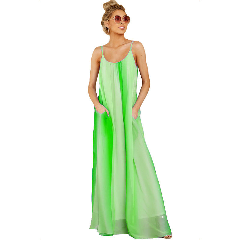 Women Fashion Casual Vacation Beach Gradient Chiffon Strap Dress