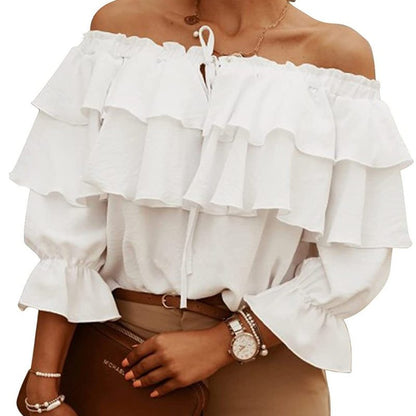 Blusa holgada informal elegante de gasa con hombros descubiertos y volantes para mujer
