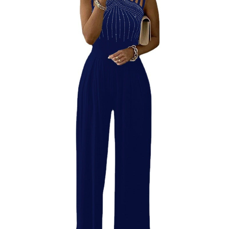 Women Casual Trousers Summer Slim Solid Color Rhinestones Decorative Jumpsuit