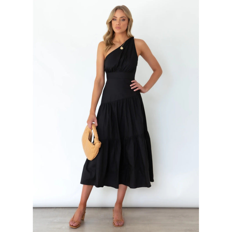 Women Fashion Vacation Floral Print Irregular One Shoulder Casual Maxi Dress