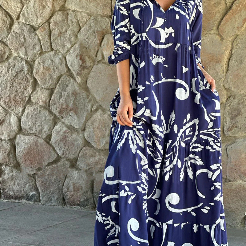 Women Casual Loose Graphic Printed V-Neck Plus Size Dress