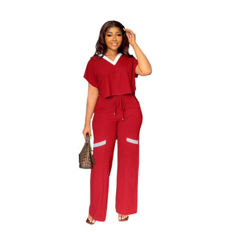 Conjunto informal de dos piezas para mujer, con cuello en V, manga corta, holgado y pantalones anchos