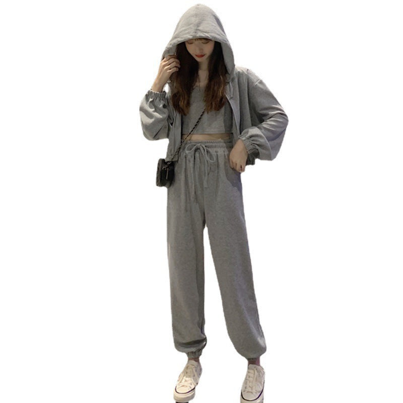 Conjunto informal de tres piezas con capucha, camiseta sin mangas y pantalones elásticos de cintura alta para mujer, color liso