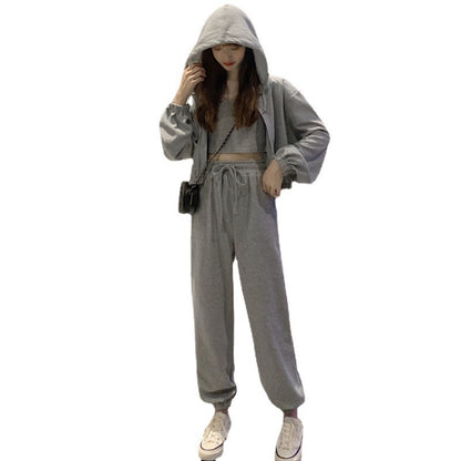 Conjunto informal de tres piezas con capucha, camiseta sin mangas y pantalones elásticos de cintura alta para mujer, color liso