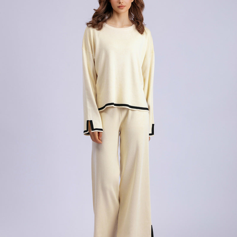 Conjunto de dos piezas de pantalón ancho de punto de manga larga con abertura en contraste para mujer, informal, para otoño e invierno