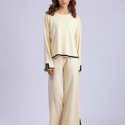 Conjunto de dos piezas de pantalón ancho de punto de manga larga con abertura en contraste para mujer, informal, para otoño e invierno