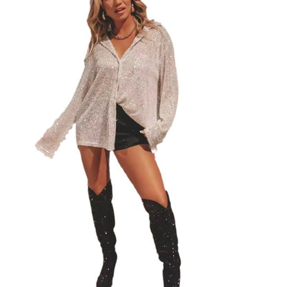 Spring Autumn Women Fashion Sequins Long Sleeve Lapel Elegant Casual Shirt Blouse