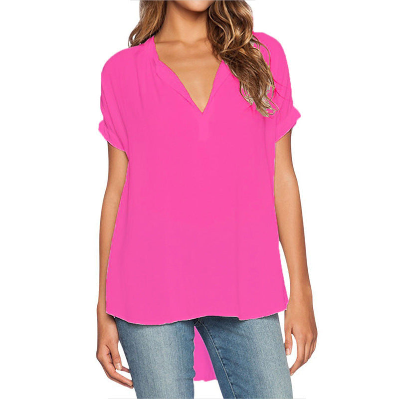 Blusa holgada informal de manga corta con cuello en V liso para mujer, estilo chic de oficina
