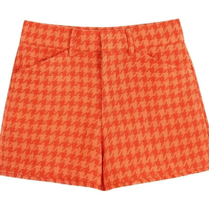 Chaqueta corta de tweed naranja para mujer, abrigo acolchado con botones y cintura alta, pantalones cortos informales de cintura alta para niñas.