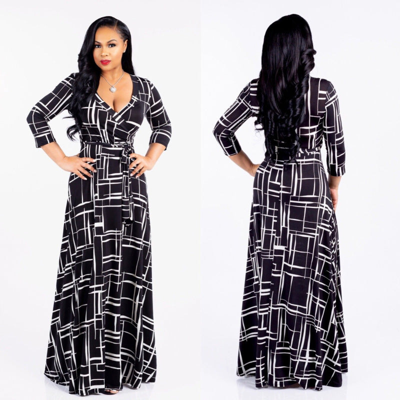 Women Fashion Casual Printed V-Neck Long Sleeve Dress