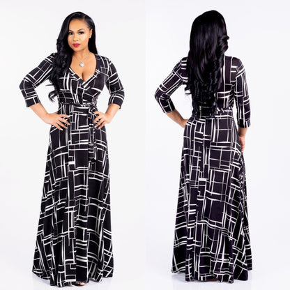 Women Fashion Casual Printed V-Neck Long Sleeve Dress