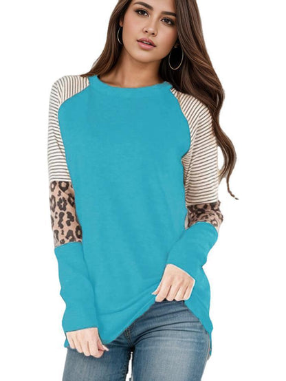 Camiseta informal de manga larga con cuello redondo y rayas de leopardo para mujer de otoño