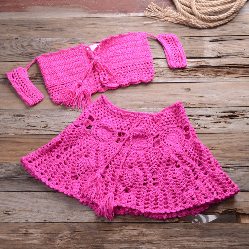 Two Piece Set Summer Beach Dress Hand Knitted Hollow Out Crop Top Mini Skirt Sheer Fishnet Cover Up Casual Suits