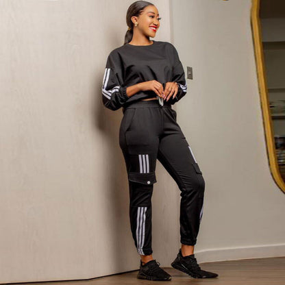 Women Fashion Casual Round Neck Long Sleeve Top Pocket Jogger Pants Two-Piece Set