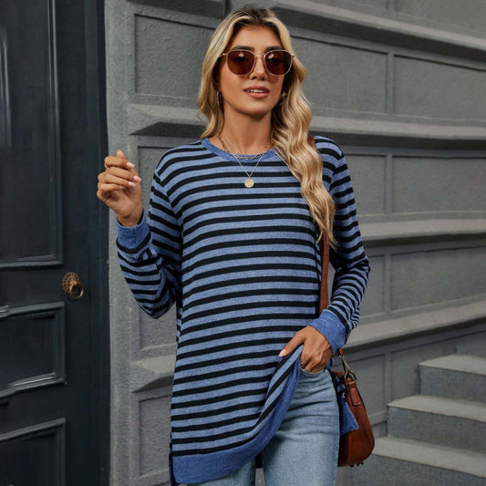 Camiseta informal de manga larga con cuello redondo y rayas para mujer